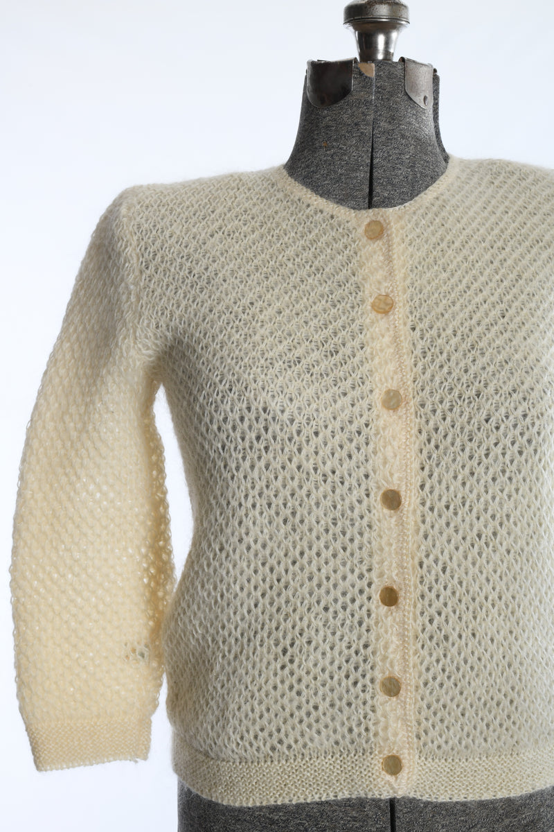 Vintage 1950s Small Cream Mohair Wool Cardigan Sweater | by