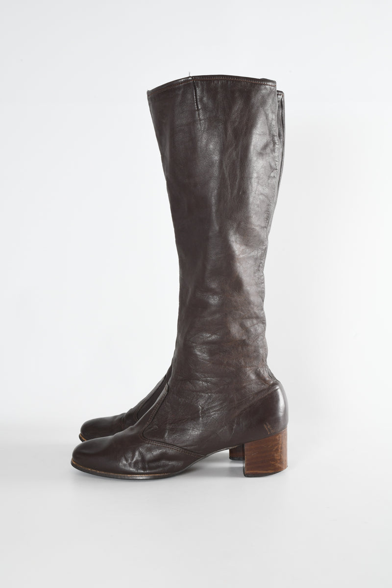 Vintage 70s Cobbie Dark Brown Knee High Leather Boots Stack Heel 5 1/2  Cobbie's