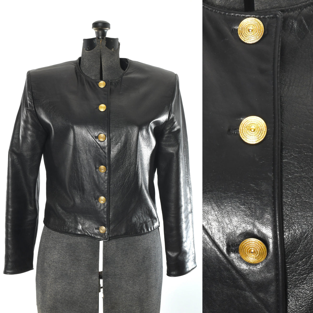 Vintage 1980s Black Leather Gold Button Short Jacket, Small