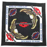 vintage 80s harley davidson double bald eagle USA bandana with black main body and Harley Davidson USA in middle shown lying flat on white background