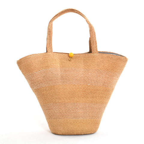1950s plaited straw bucket hand bag purse with yellow latch button at top and horizontal variation of color of straw across bag