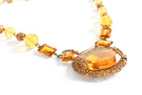 Vintage 1930s Amber Czech Glass Brass Filigree Bead Short Necklace | 14.5" Length