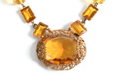 Vintage 1930s Amber Czech Glass Brass Filigree Bead Short Necklace | 14.5" Length