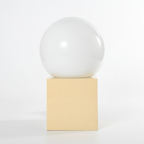 vintage 1970s white globe beige plastic cube base retro post modern table lamp shown on white backbround