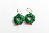 Vintage 1980s Green Holiday Wreath Handmade Embroidery Thread Drop Earrings