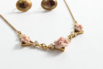 Vintage 1980s 3 Porcelain Rose Rhinestone Gold Tone Necklace and Clip On Earrings Set | by 1928