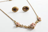 Vintage 1980s 3 Porcelain Rose Rhinestone Gold Tone Necklace and Clip On Earrings Set | by 1928