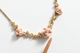 Vintage 1980s 3 Porcelain Rose Rhinestone Gold Tone Necklace and Clip On Earrings Set | by 1928