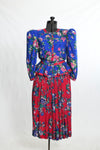 Vintage 1980s Contrasting Florals Blue Pink Peplum Top Skirt Suit  | Size Small | by Leslie Lucks