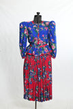 Vintage 1980s Contrasting Florals Blue Pink Peplum Top Skirt Suit  | Size Small | by Leslie Lucks