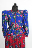 Vintage 1980s Contrasting Florals Blue Pink Peplum Top Skirt Suit  | Size Small | by Leslie Lucks