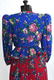 Vintage 1980s Contrasting Florals Blue Pink Peplum Top Skirt Suit  | Size Small | by Leslie Lucks