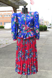 Vintage 1980s Contrasting Florals Blue Pink Peplum Top Skirt Suit  | Size Small | by Leslie Lucks