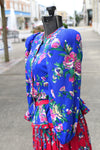 Vintage 1980s Contrasting Florals Blue Pink Peplum Top Skirt Suit  | Size Small | by Leslie Lucks