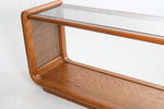 Vintage 1980s Caned Sides Smoked Glass Top Curved Oak Console Sofa Table