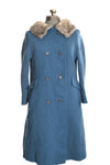 Vintage 1960s Small Turquoise Blue Wool Boucle Gray Fur Midi Coat