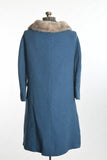 Vintage 1960s Small Turquoise Blue Wool Boucle Gray Fur Midi Coat