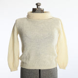 vintage 1960s warm cream 3/4 sleeve wide cowl neck mohair wool sweater shown on dress form on white background