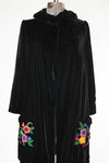 Vintage 1920s Medium Black Velvet Open Front Colorful Flower Pockets Coat