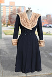 Vintage 1940s XS Navy Blue Fur Collar Double Breasted Princess Cut Heavy Winter Coat