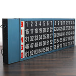 vintage blue metal large bingo flash board sign with red letter and black sign with white numbers sitting on wood grain floor and white wall angled out on left side and setting back right image