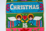 Vintage 1970s Green Pink Blue Christmas Is Love Angles Jesus Holiday Handmade Banner