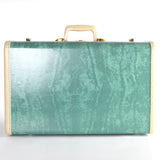 vintage 1950s bermuda green cream trim gold hardware overnight Samsonite suitcase shown on white background