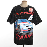vintage 1990s new old stock mark martin #6 valvoline The terminator black tshirt with double sided graphic shown on dress form with white background