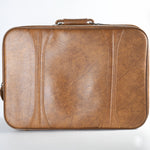 vintage 1970s brown faux leather large suitcase shown on white background