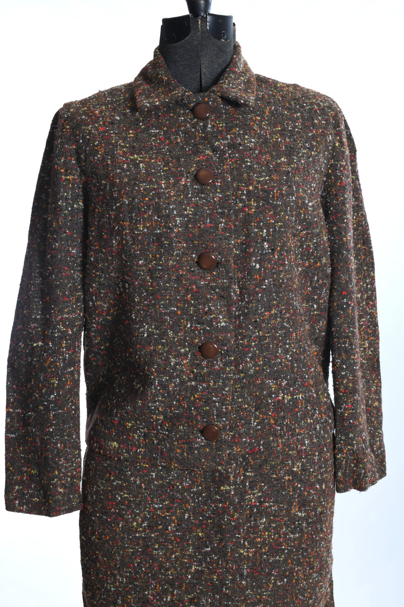 Vintage 1960s XS Brown Green Weave Rainbow Flecked Wool Jacket Skirt S ...