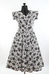 Vintage 1950s White Black Small Novelty Print Full Skirt Day Dress