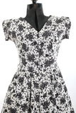 Vintage 1950s White Black Small Novelty Print Full Skirt Day Dress