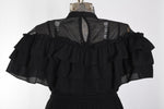 Vintage 1970s Large Black Lolita Victorian Revival Illusion Bodice Ruffled Midi Dress