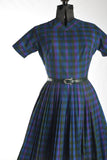 Vintage 1960s Small Blue Purple Green Plaid Short Sleeve Full Skirt Dress | by Stacy Ames