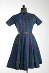 Vintage 1960s Small Blue Purple Green Plaid Short Sleeve Full Skirt Dress | by Stacy Ames