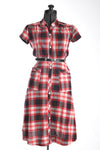 Vintage 1940s Small Red Black White Plaid Short Sleeve Cotton Day Dress | by Penney's Brentwood