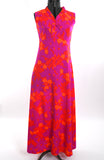 Vintage 1960s Small Purple Orange Floral Flower Power Day-Glo Sleeveless Maxi Dress