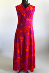 Vintage 1960s Small Purple Orange Floral Flower Power Day-Glo Sleeveless Maxi Dress