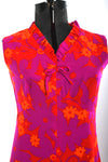 Vintage 1960s Small Purple Orange Floral Flower Power Day-Glo Sleeveless Maxi Dress