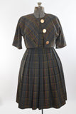 Vintage 1960s Medium Plaid Dark Colors Short Sleeve Dress Matching Jacket Set