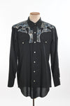 Vintage 1970s Large 16.5 Black Fabric Inlay Embroidered Pearl Snap Western Shirt | by H Bar C