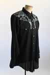 Vintage 1970s Large 16.5 Black Fabric Inlay Embroidered Pearl Snap Western Shirt | by H Bar C