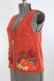 Vintage 1990s Small Orange Harvest Theme Zippered Sweater Vest | by Tiara International