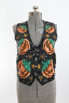 Vintage 80s Medium Black Sequin Silk Halloween Celestial Theme Vest | by Just Fabulous