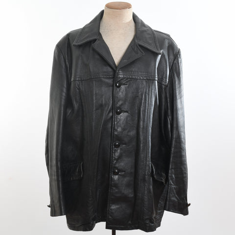 true vintage 1970s black button front leather jacket with front flap pockets shown on on dress form on white background