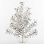 true vintage 1960s pom pom aluminum table top christmas tree with 19 branches shown on white background