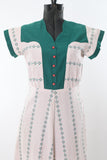 Vintage 1940s Medium White Green Red Cotton Pique Short Sleeve Holiday Day Dress