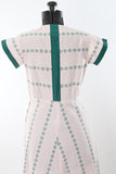 Vintage 1940s Medium White Green Red Cotton Pique Short Sleeve Holiday Day Dress