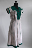 Vintage 1940s Medium White Green Red Cotton Pique Short Sleeve Holiday Day Dress