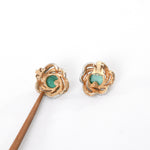 Vintage 1950s Green Cabochon Braided Gold Plated Clip On Earrings | by Boucher